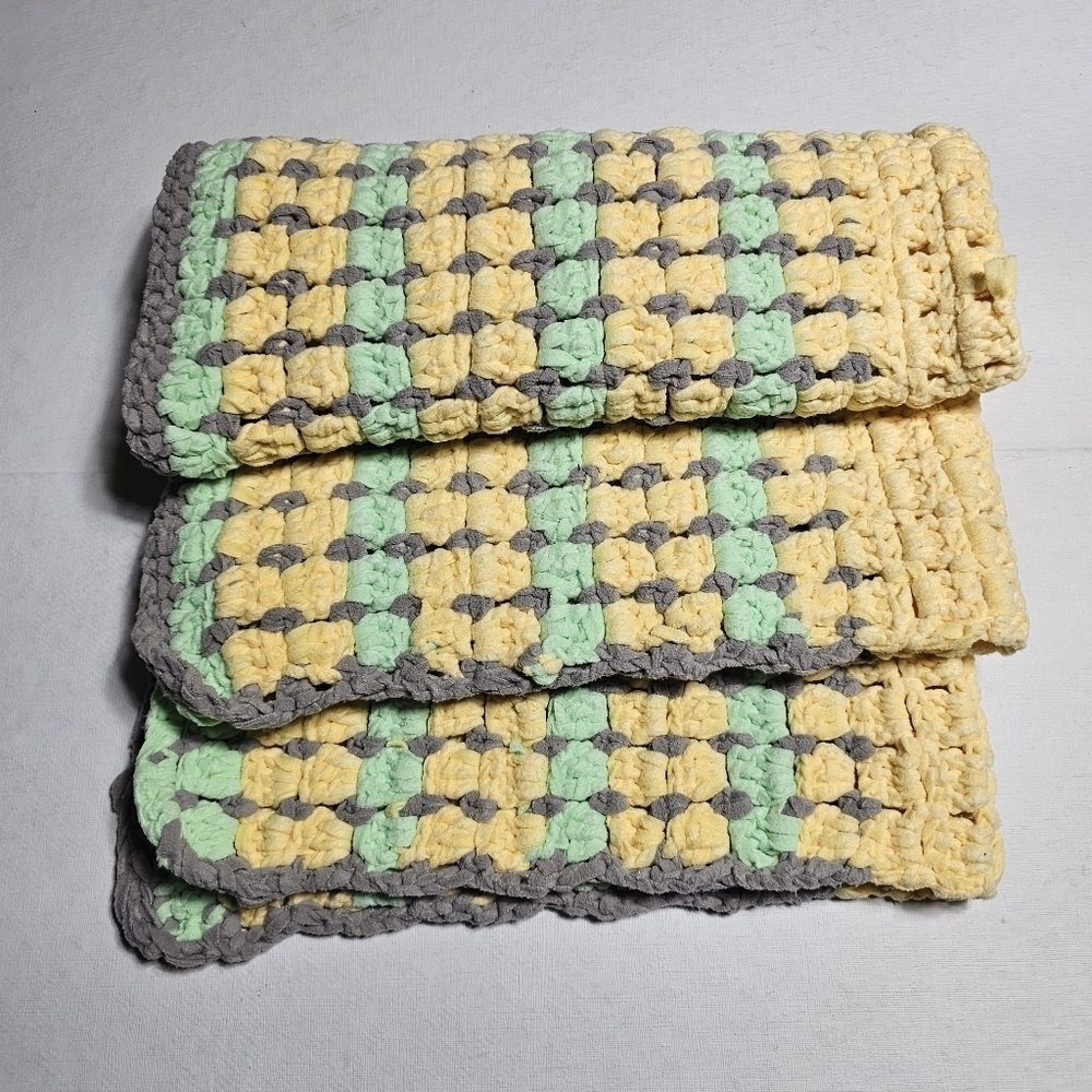 Handmade crocheted 30 X 36 blanket. Yellow, Grey and green